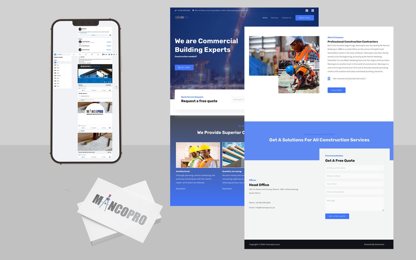 Mancopro Construction brand identity and WordPress website presentation