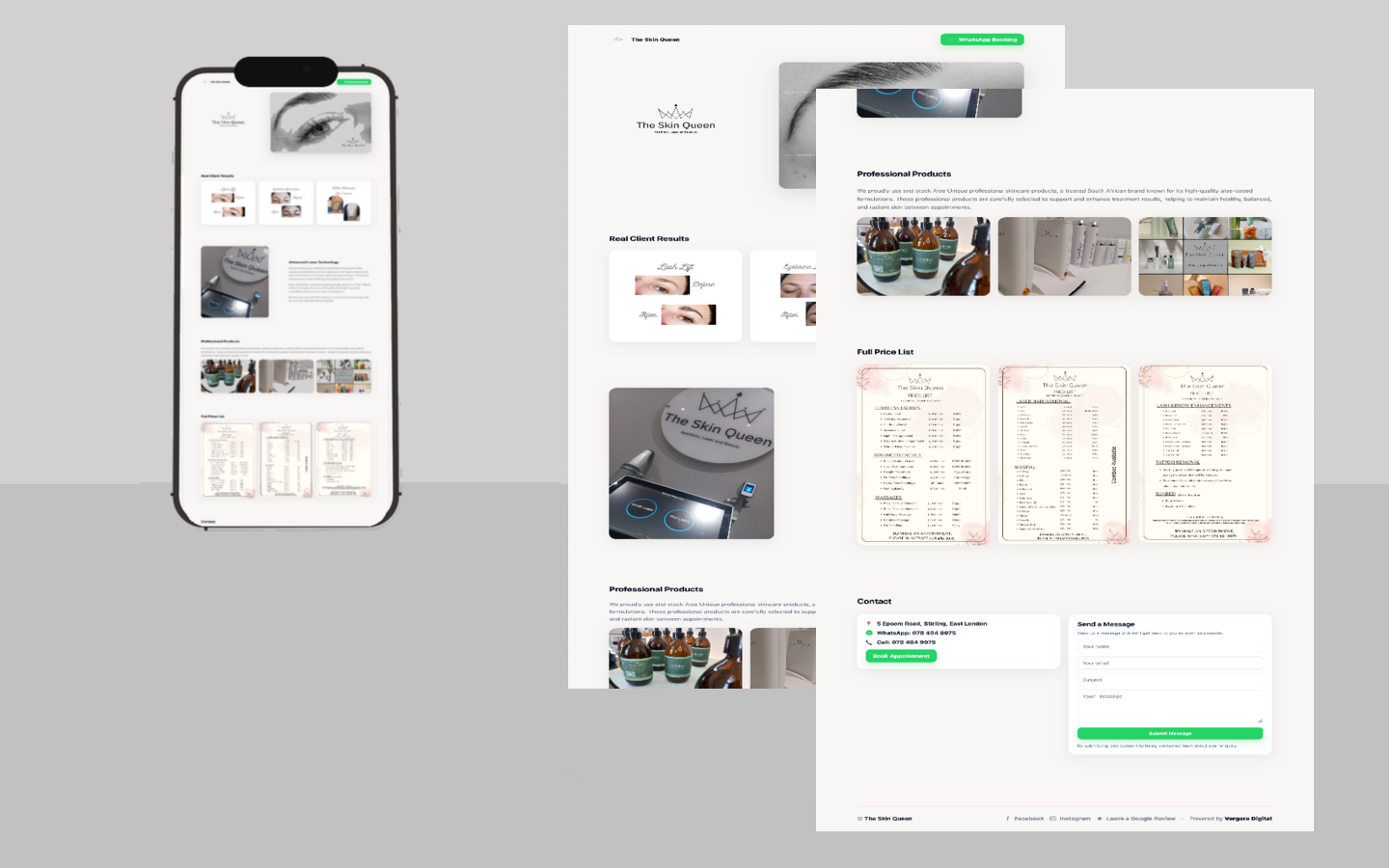 The Skin Queen website presentation with the mobile website and two overlapping desktop page views