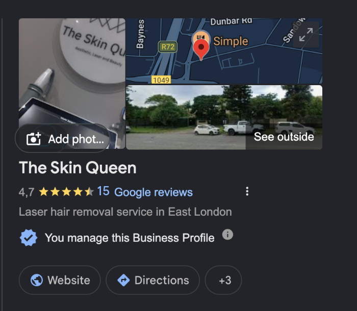 The Skin Queen Google Business Profile showing 15 reviews at the project starting point